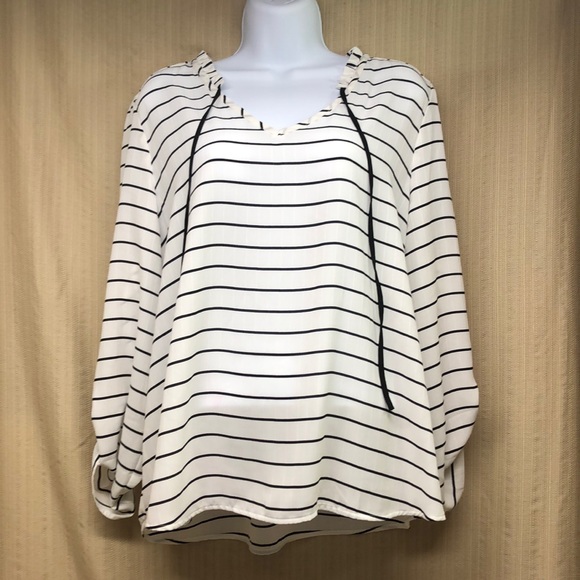 Elle Tops - ELLE Striped Roll Tab Sleeves V-Neck Tie Blouse